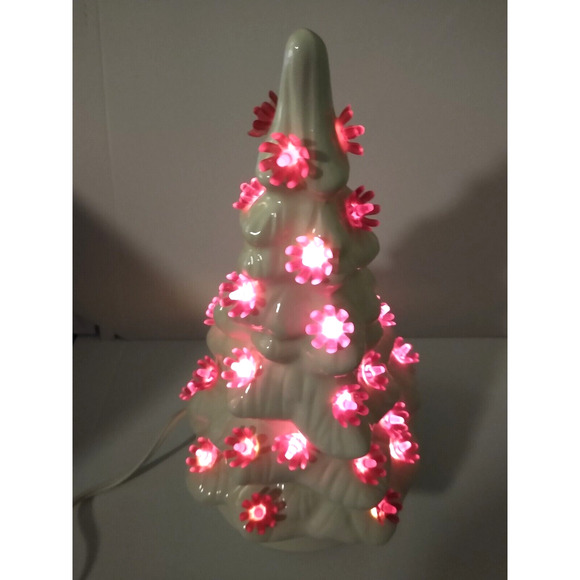 White Ceramic Christmas Tree 10.5" Works Red Lights Holiday Party Vintage IWM